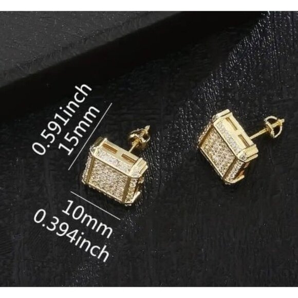 18k Gold Plated Simulated Diamond Zircon Stud Men's Earrings - Picture 3 of 4